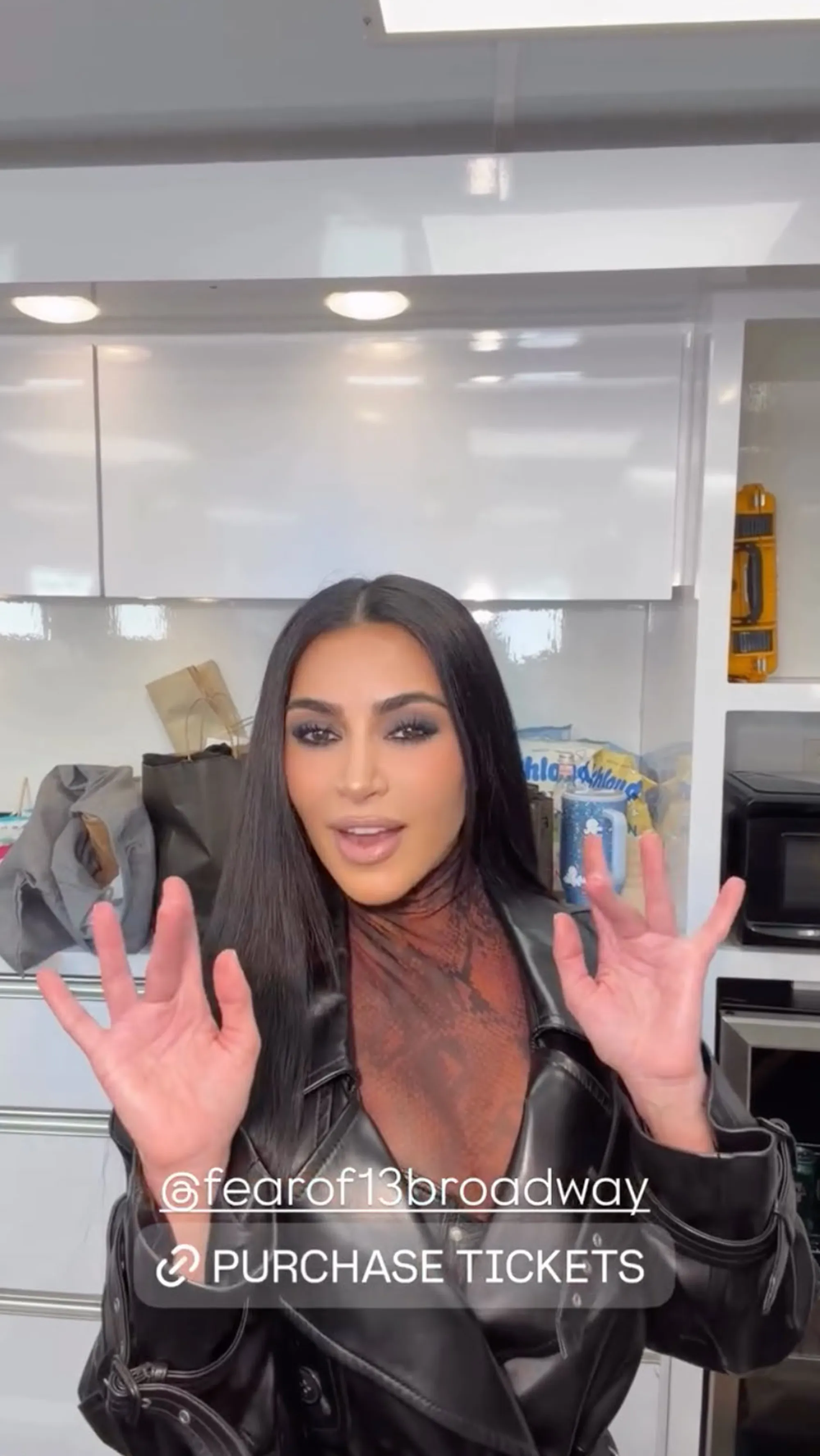 Kim Kardashian promoting "fear of 13 Broadway" with a "Purchase Tickets" button.