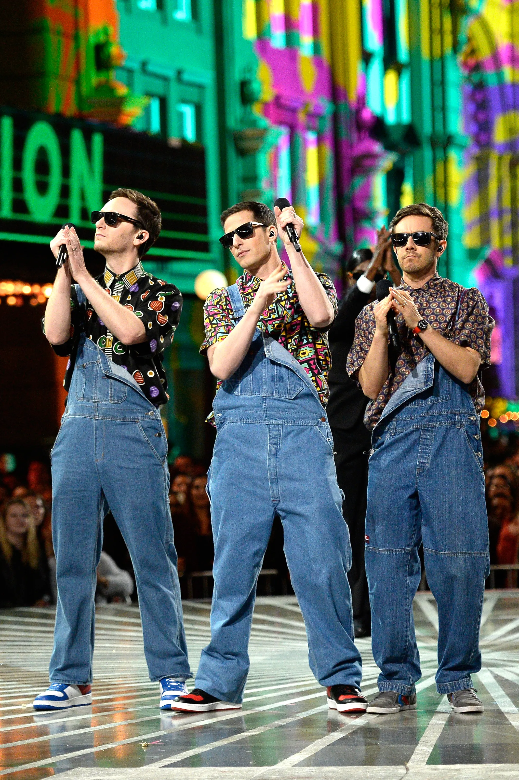 Akiva Schaffer, Andy Samberg and Jorma Taccone of The Lonely Island perform at the 2016 MTV Video Music Awards