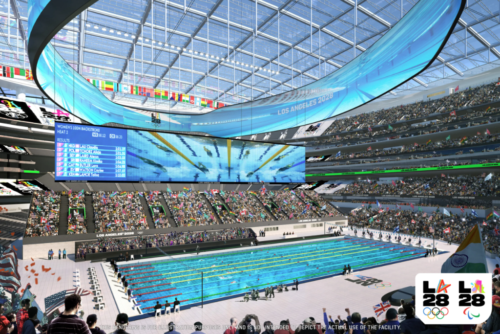 Illustration of a packed stadium with a swimming pool, showing a scoreboard displaying results for 