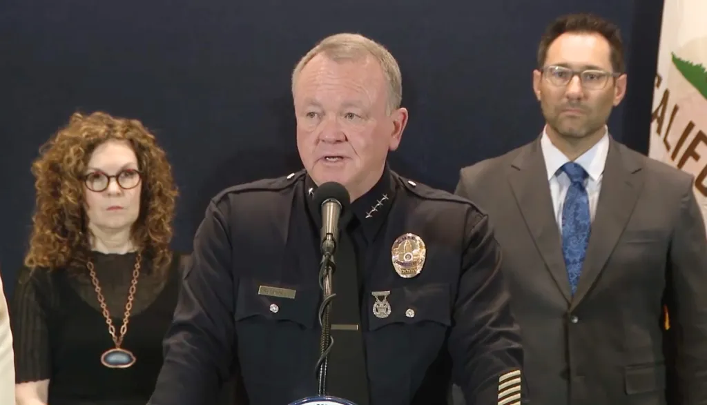LAPD Chief Jim McDonnell speaking at a press conference about residential break-ins.