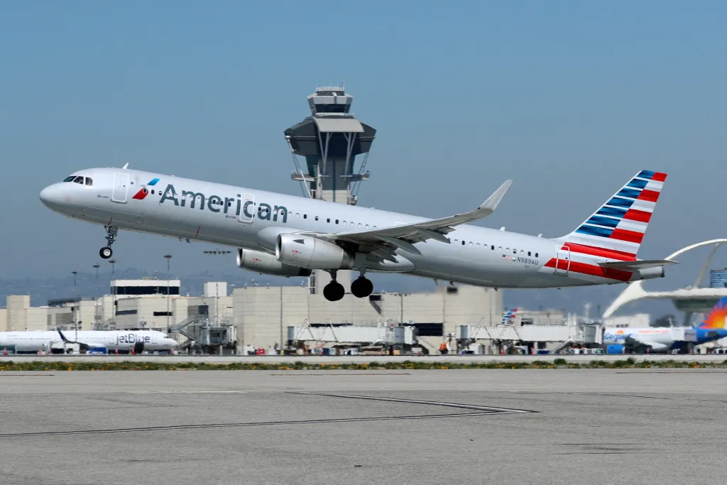 An American Airlines Airbus A321 plane takes off from Los Angeles International airport.
