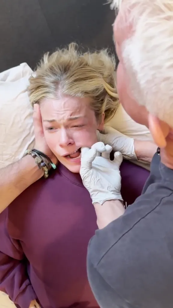 LeAnn Rimes crying during a jaw release therapy session.