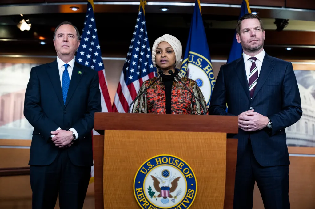 Reps. Adam Schiff, Ilhan Omar, and Eric Swalwell at a news conference about committee assignments.