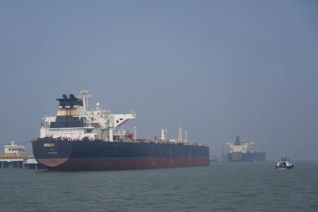 The Liberia-flagged tanker Shenlong Suezmax, carrying crude oil from Saudi Arabia, clearing the Strait of Hormuz, is seen at the Mumbai Port.