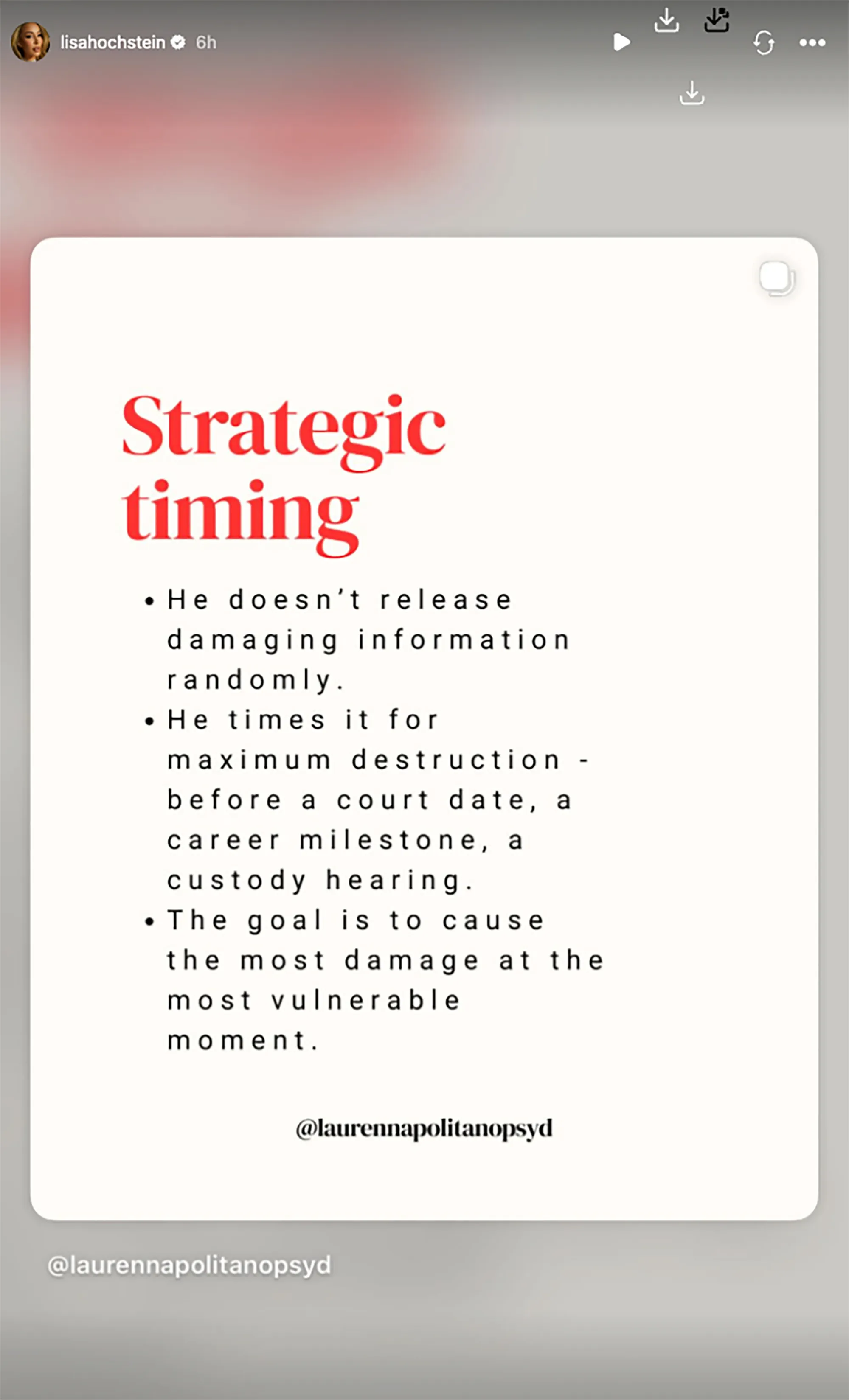 Text that reads "Strategic timing" outlining how damaging information is released to cause maximum destruction.