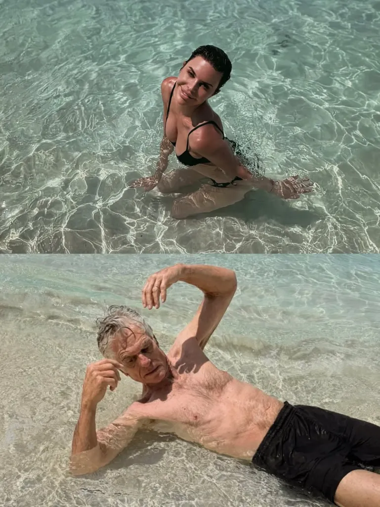 Collage of Lisa Rinna and Harry Hamlin in the water spoofing Kylie Jenner and Timothée Chalamet.