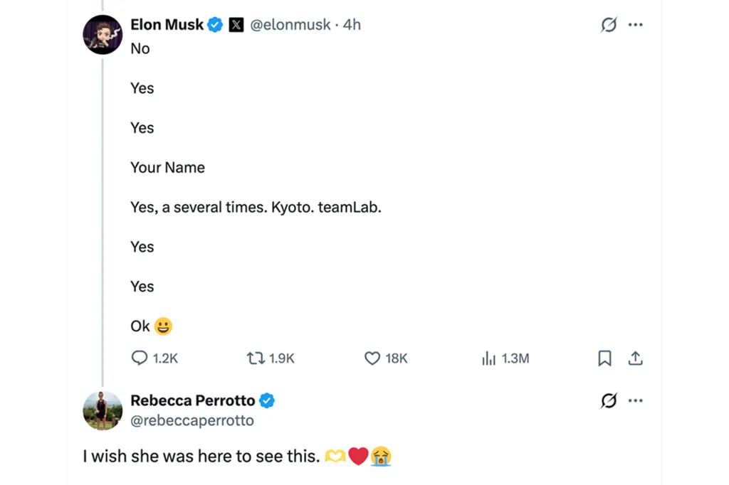 Elon Musk's X post listing answers to questions, followed by Rebecca Perrotto's post saying 