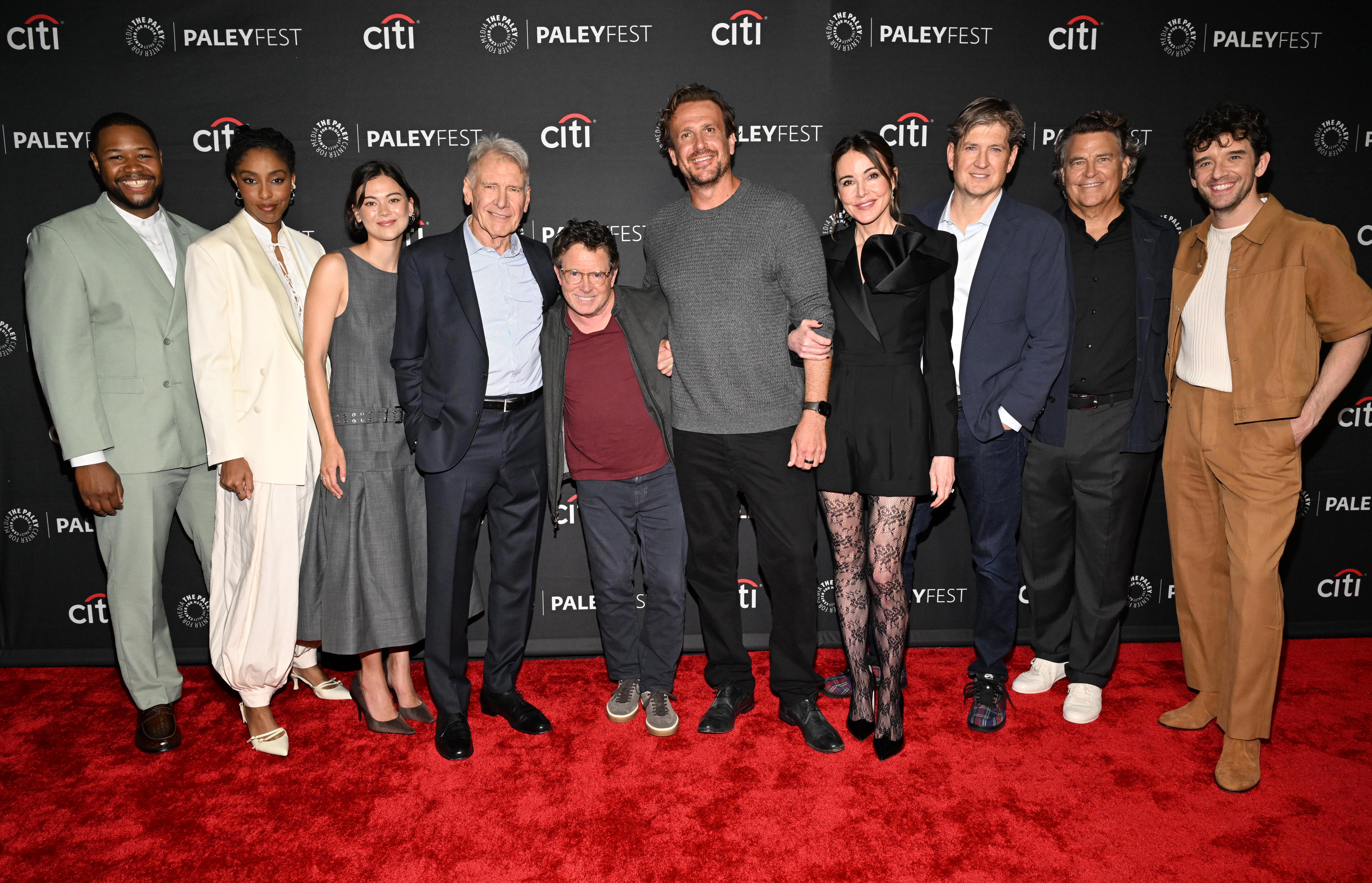 Luke Tennie, Jessica Williams, Lukita Maxwell, Harrison Ford, Michael J. Fox, Jason Segel, Christa Miller, Bill Lawrence, Ted McGinley, and Michael Urie at Apple TV's 