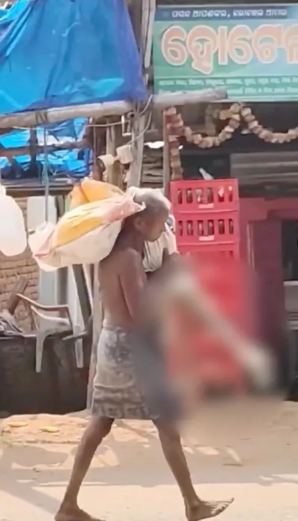 Man carrying his dead sister's skeleton to a bank to prove she is dead.