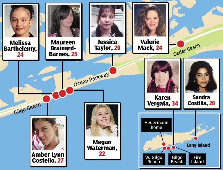 A map showing the locations where Heuermann's victims were found.