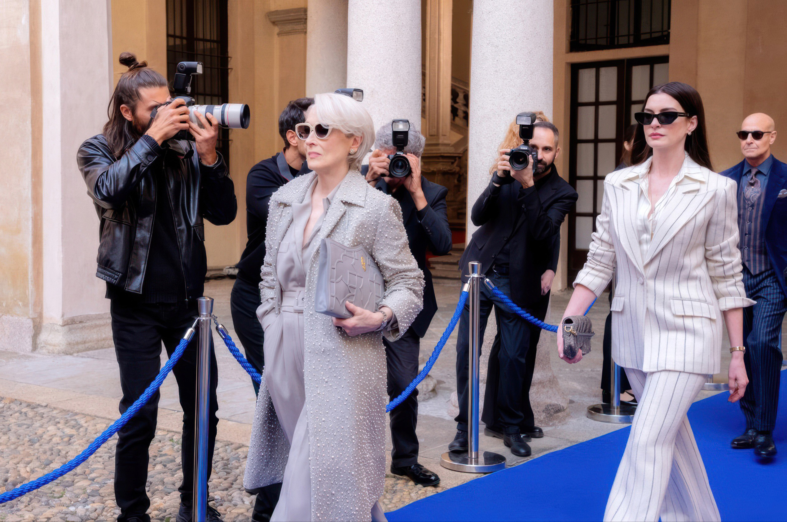 Meryl Streep and Anne Hathaway on "The Devil Wears Prada 2" set.