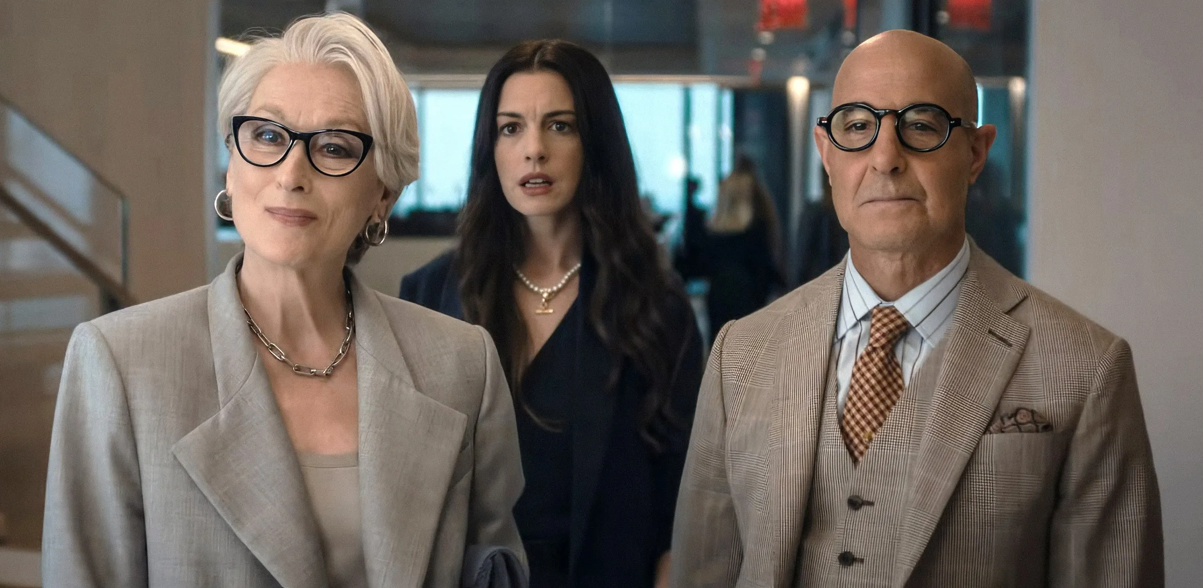 Meryl Streep, Anne Hathaway, and Stanley Tucci in a scene from "The Devil Wears Prada 2."