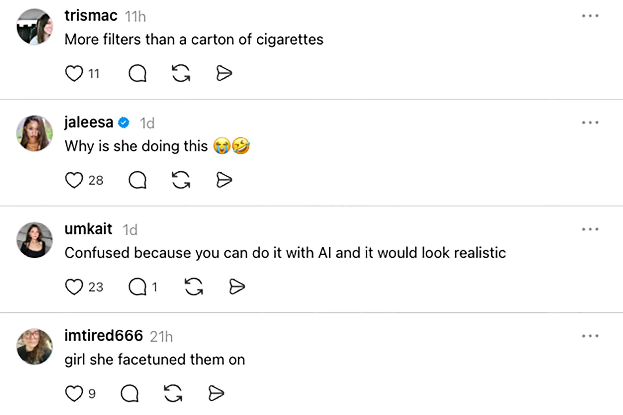 Collage of four social media comments criticizing the use of filters in an image.