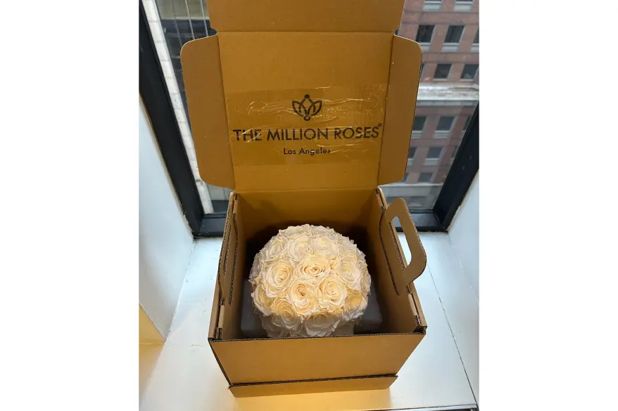 A box with a bouquet of roses inside from The Million Roses.