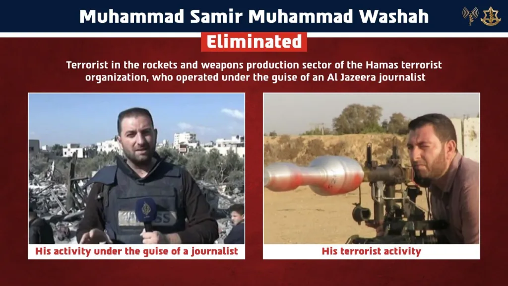 Collage of Muhammad Samir Muhammad Washah identified as a Hamas terrorist and Al Jazeera journalist, with two images comparing his activities.
