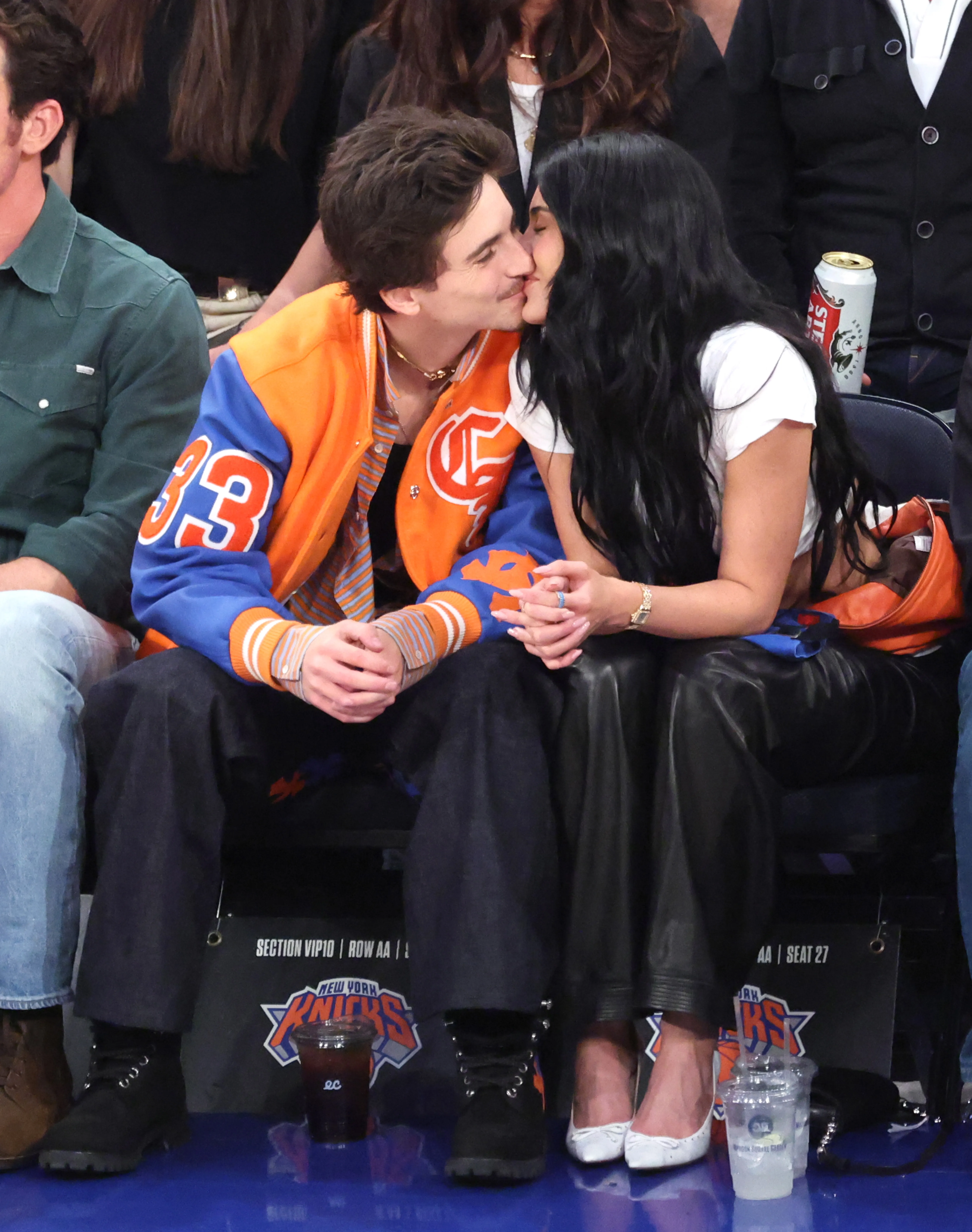 Timothée Chalamet kissing Kylie Jenner at the 81st Golden Globe Awards.