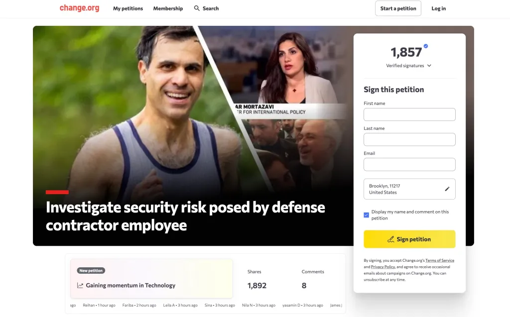 Change.org petition page titled "Investigate security risk posed by defense contractor employee" with images of Shahin Farrokhnia and Negar Mortazavi.