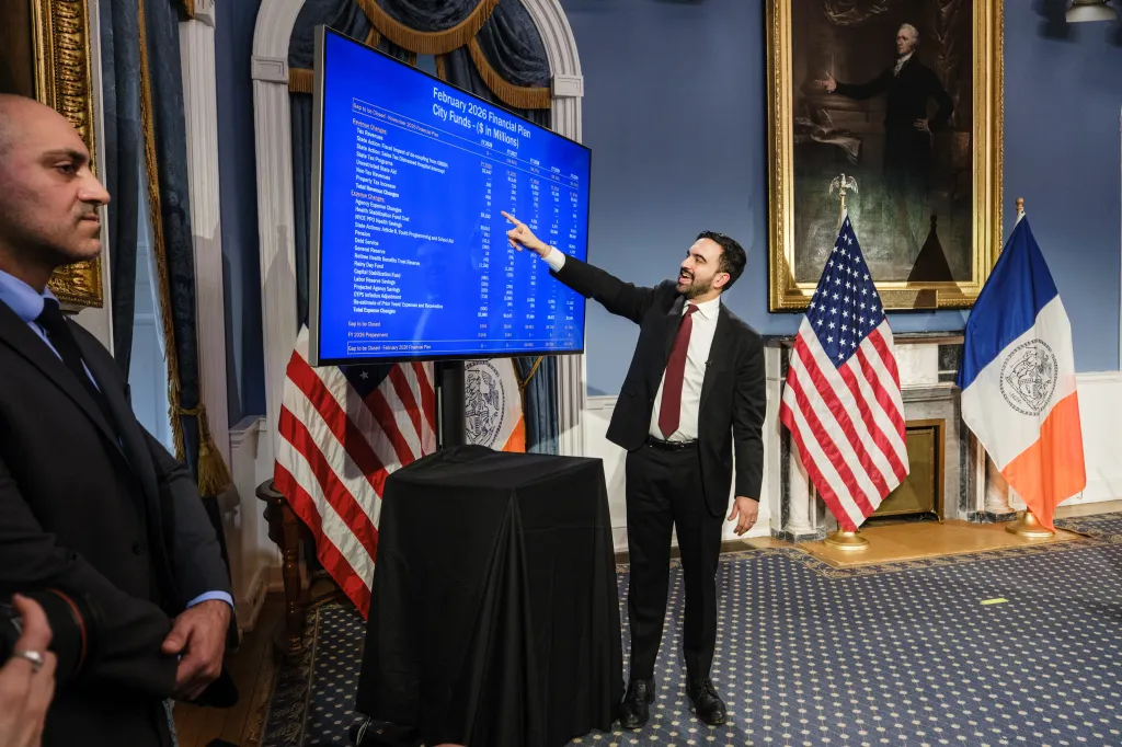 Director of the New York City Mayor's Office of Management and Budget (OMB) Sherif Soliman points to the 