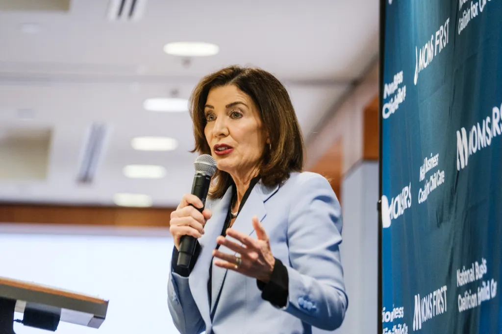 New York Governor Kathy Hochul speaking at a private event about childcare costs.