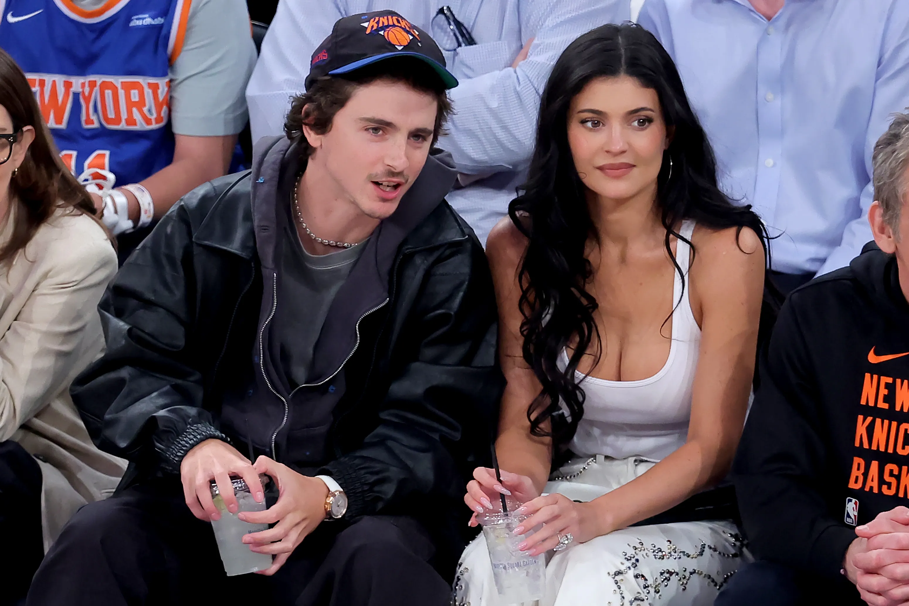 Timothée Chalamet and Kylie Jenner courtside at an NBA game.