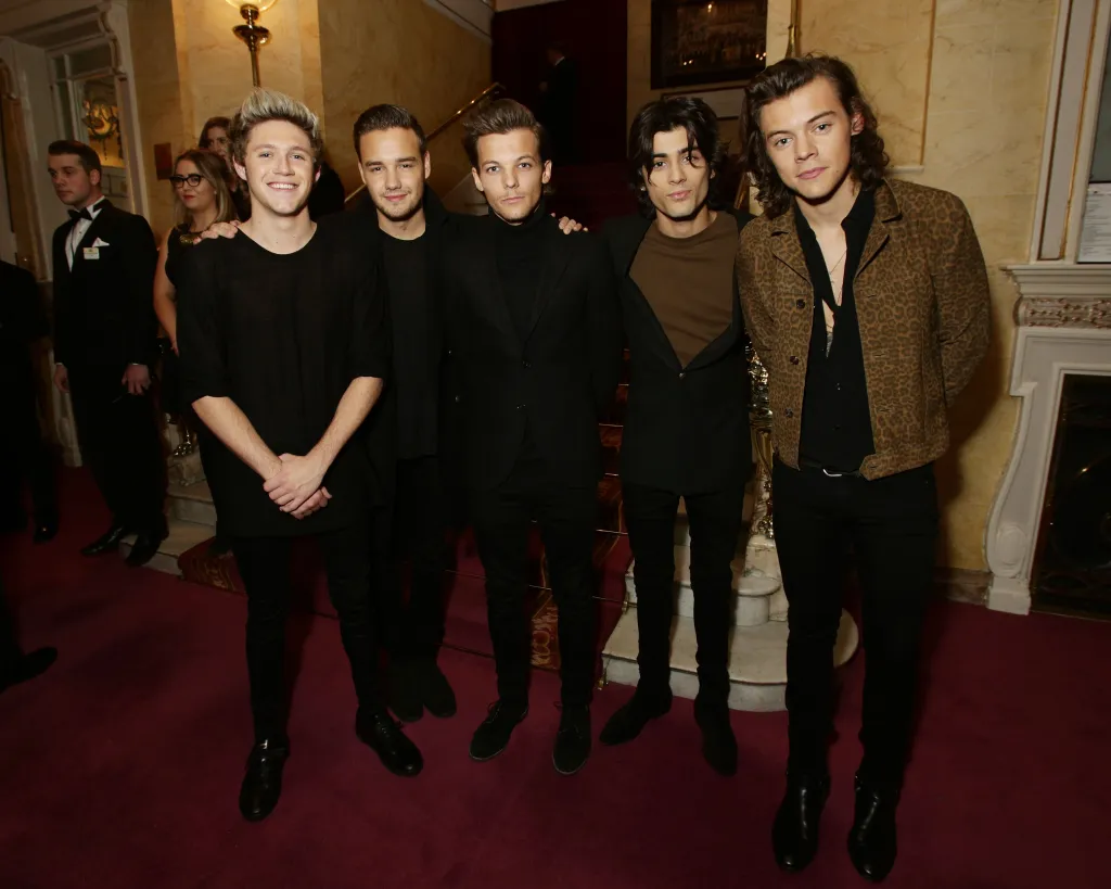 One Direction band members Niall Horan, Liam Payne, Louis Tomlinson, Zayn Malik, and Harry Styles posing for a photo.
