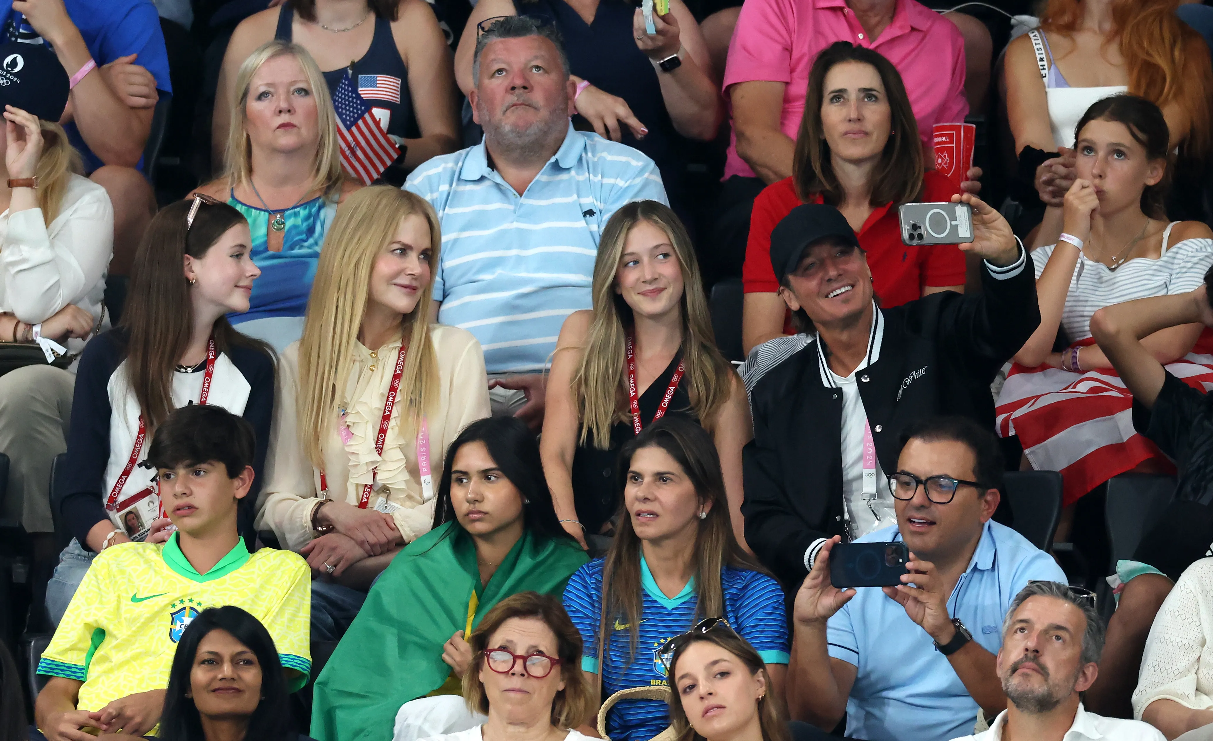 Nicole Kidman, Keith Urban, and their daughters Faith and Sunday Rose watching the Artistic Gymnastics Women's Team Final at the Olympic Games Paris 2024.