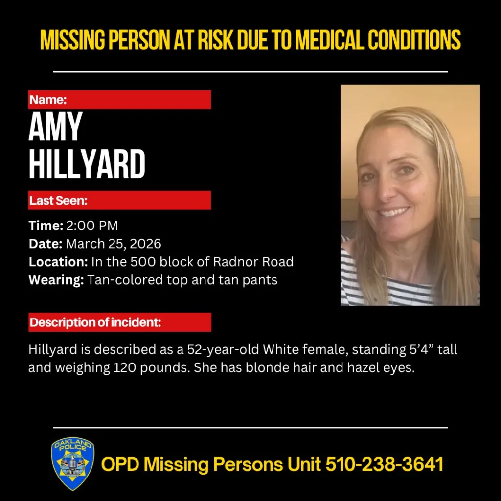 Missing person poster for Amy Hillyard, a 52-year-old White female with blonde hair and hazel eyes.
