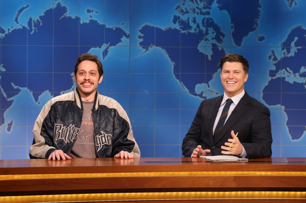 Pete Davidson and anchor Colin Jost on the "Weekend Update" set.