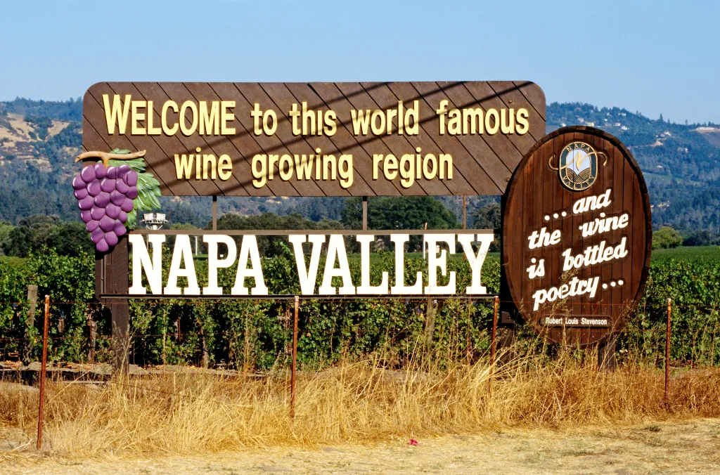 Welcome sign for Napa Valley, a world-famous wine-growing region, with a quote from Robert Louis Stevenson.