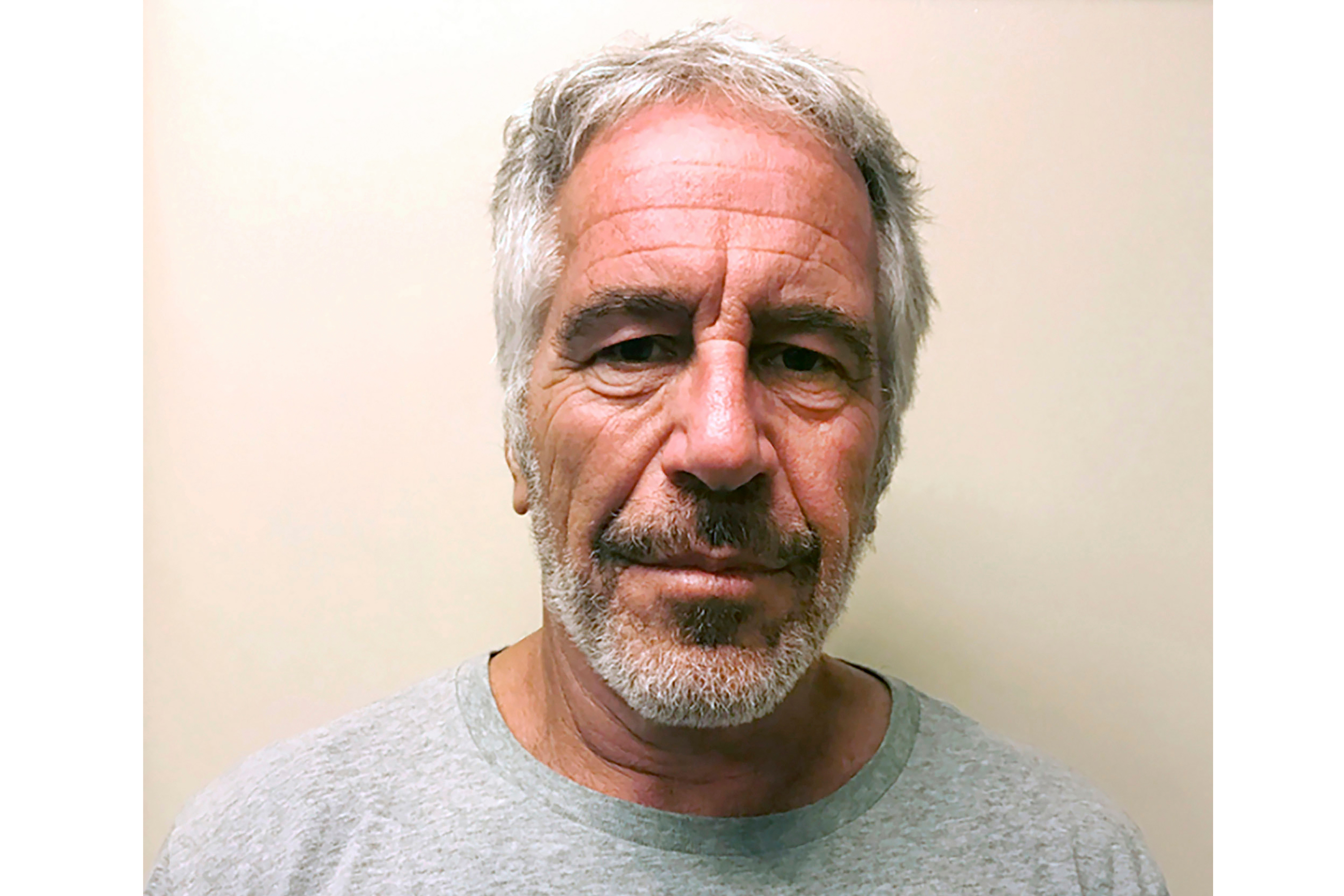 Mugshot of Jeffrey Epstein, a white man with gray hair and a beard, wearing a grey t-shirt.