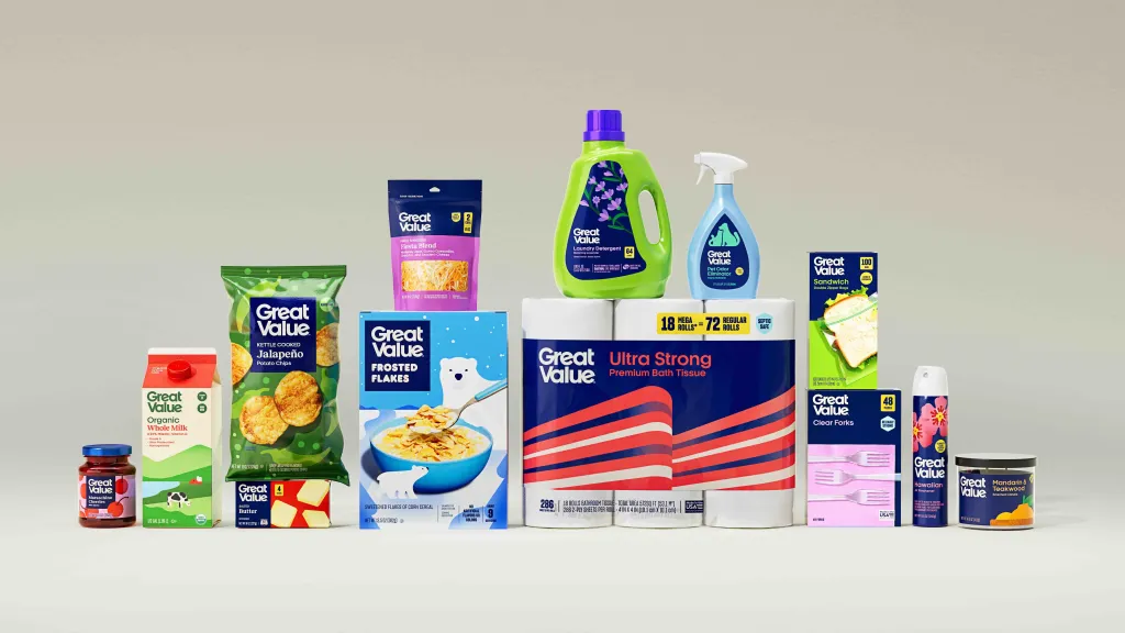 Walmart's redesigned Great Value food and household product packaging.