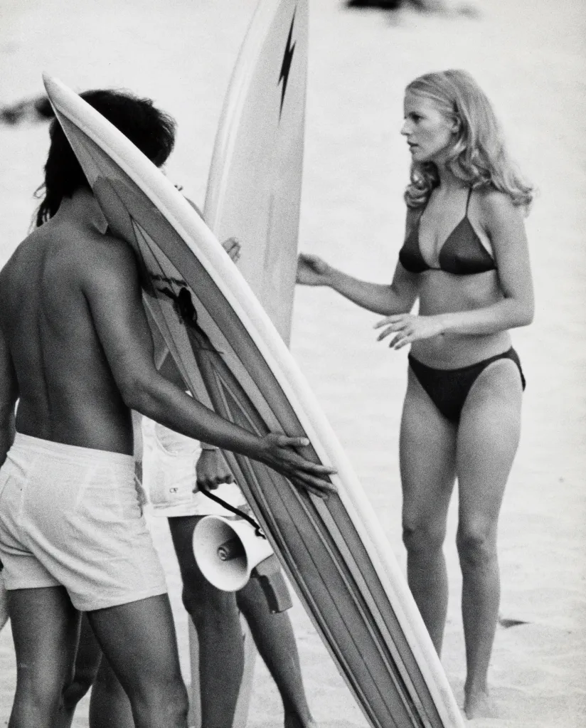 Cheryl Ladd in a bikini on a beach during the filming of 