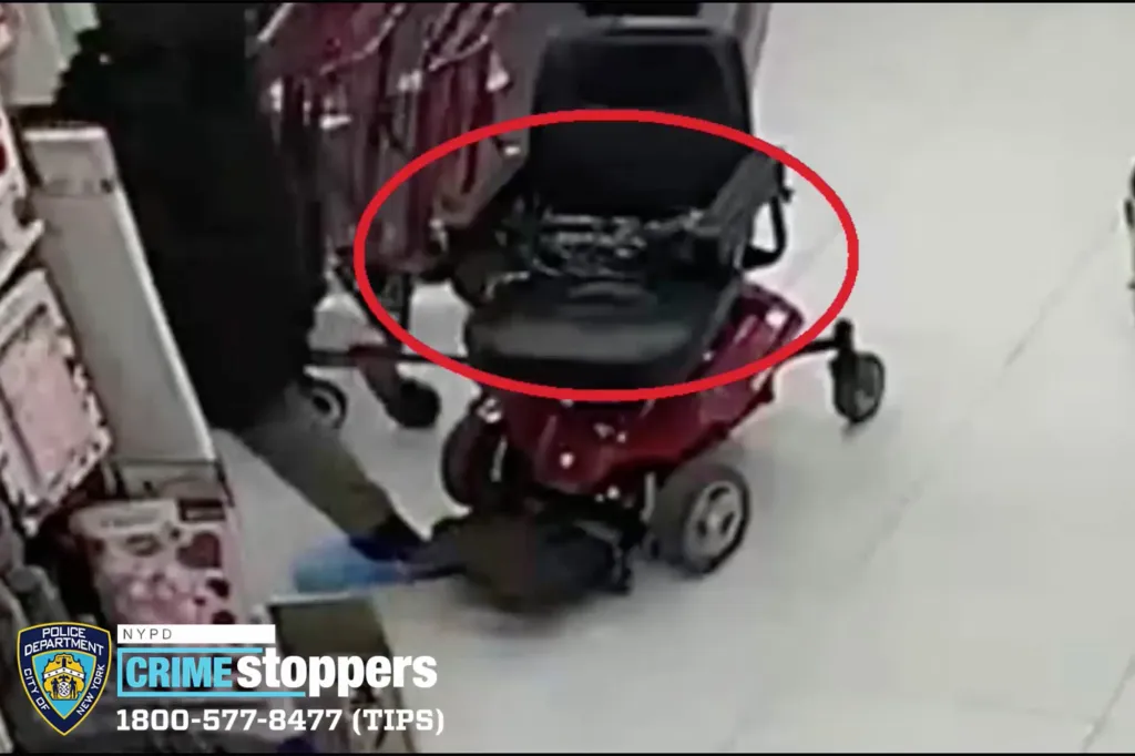 Police surveillance footage of Harvey Marcelin on a motorized scooter with a human leg.