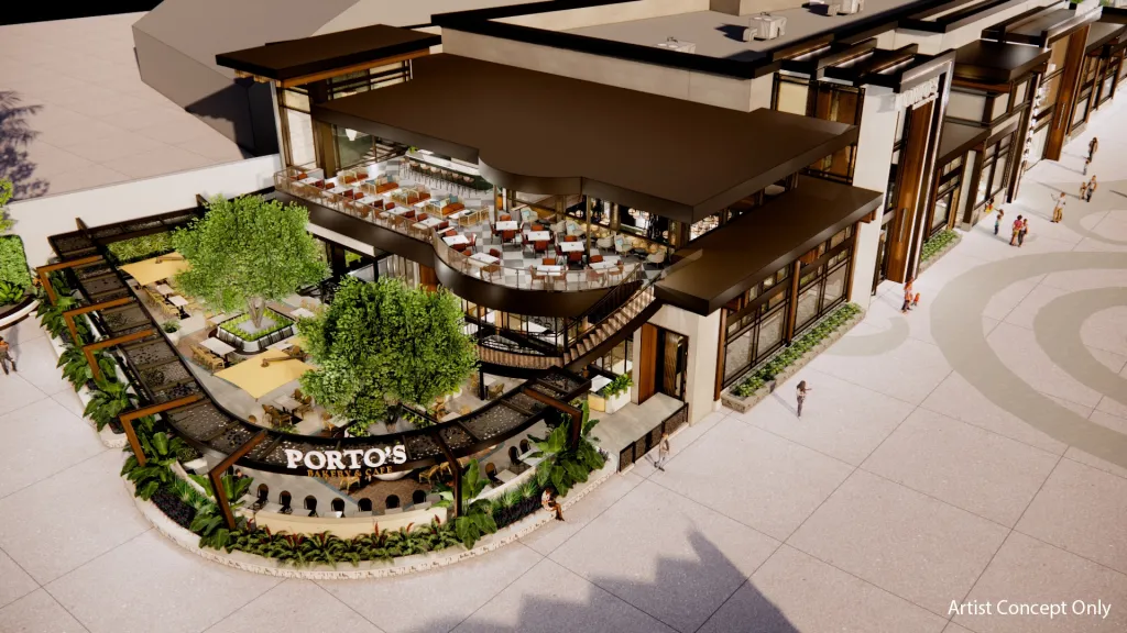 Illustration of the planned Porto's restaurant with outdoor patio and second-story dining areas.