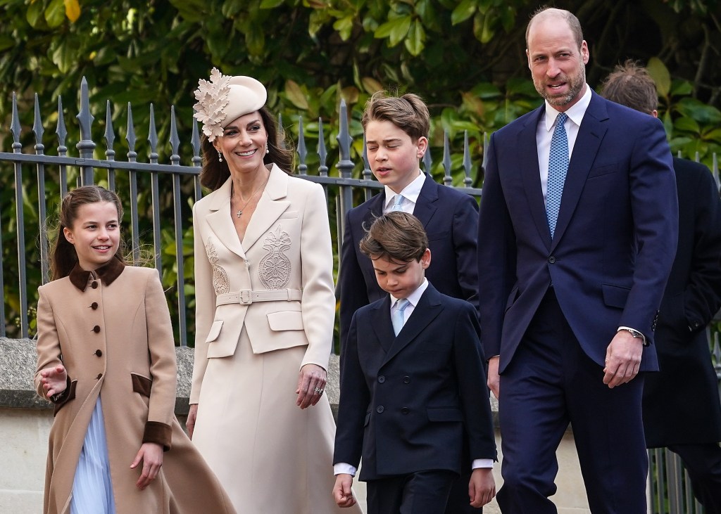 Prince William, in a blue suit and blue tie, Kate Middleton in a cream jacket, cream skirt and cream hat, Prince George, in a blue suit, Princess Charlotte, in a beige coat and blue dress, and Prince Louis, in a blue suit, walking to the Easter Matins Service.