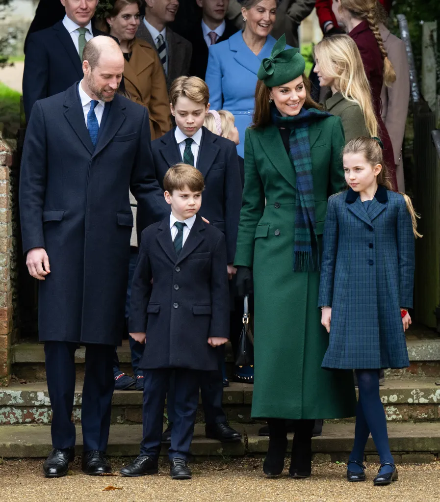 Prince William, Princess Catherine, and their three children Prince George, Princess Charlotte, and Prince Louis leaving the Christmas Morning Service.