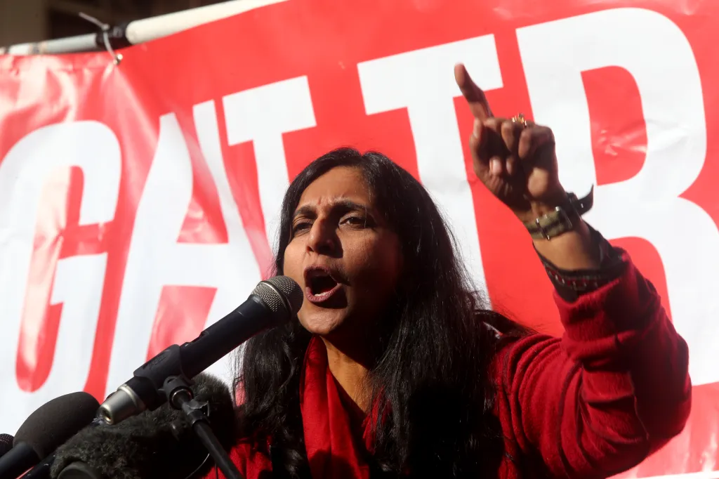 Seattle City Council member Kshama Sawant speaks at a rally.