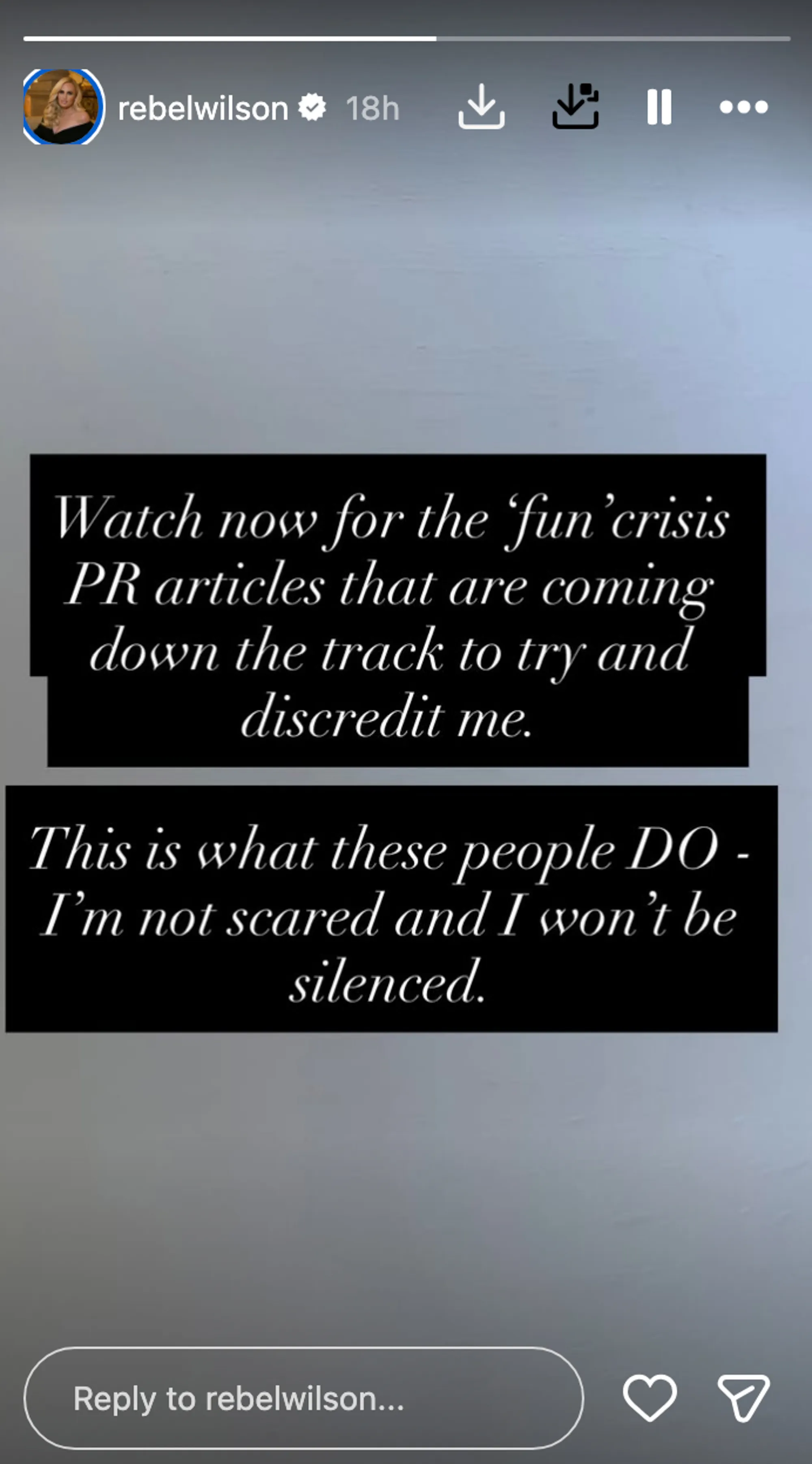 Rebel Wilson's Instagram story with text that reads, 