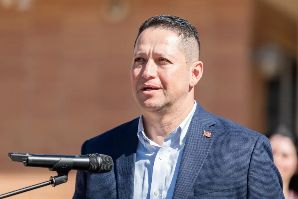 Rep. Tony Gonzales speaking during a news conference about school safety.