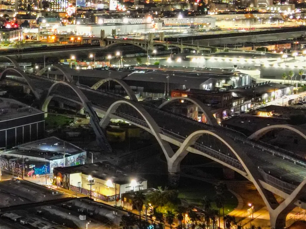 Aerial view of the Ribbon Bridge in downtown Los Angeles at night.