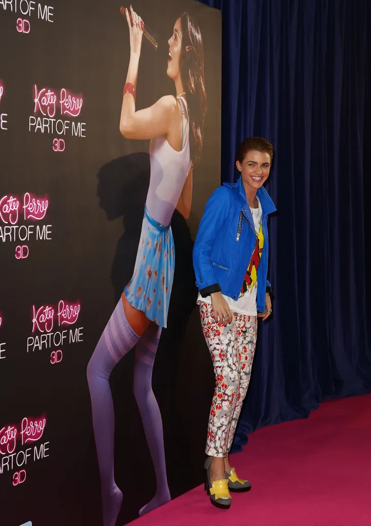 Ruby Rose smiles next to a Katy Perry standee at the "Katy Perry: Part of Me" premiere.