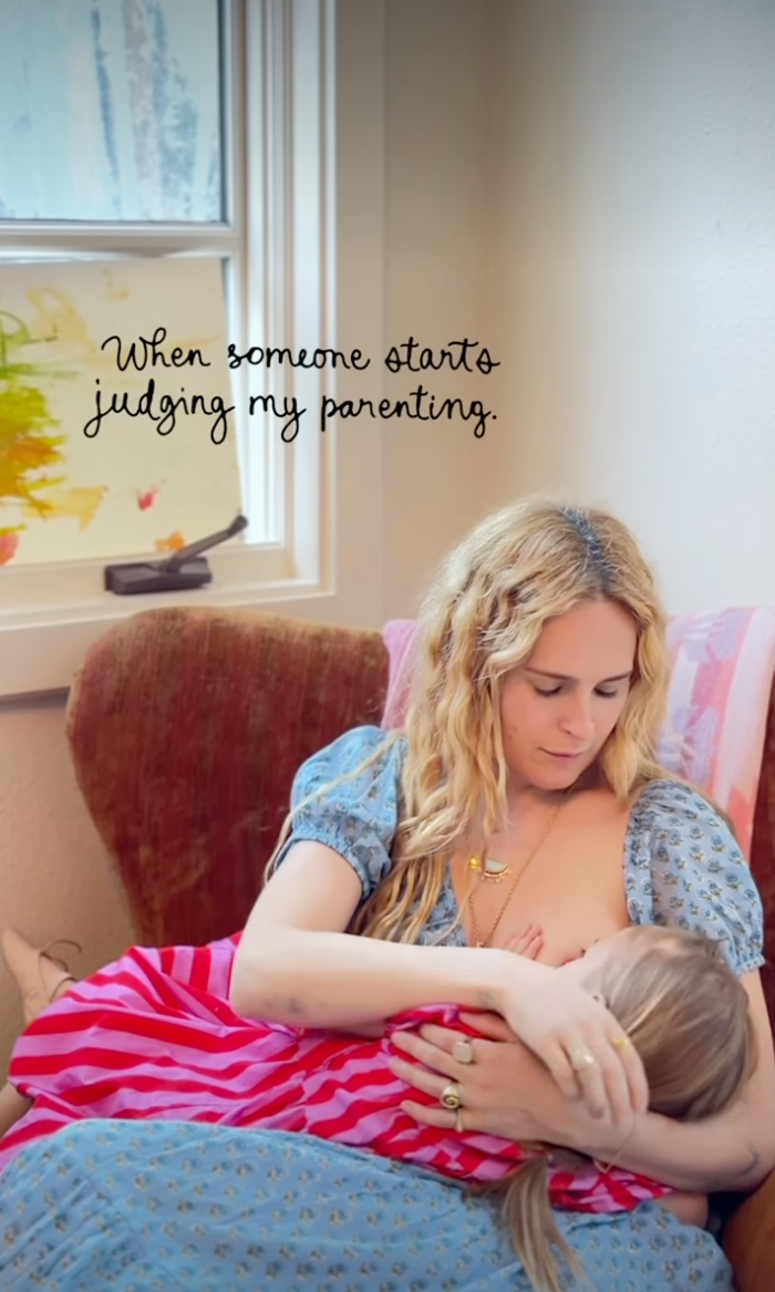 Rumer Willis breastfeeding her baby, with text that reads, "When someone starts judging my parenting."