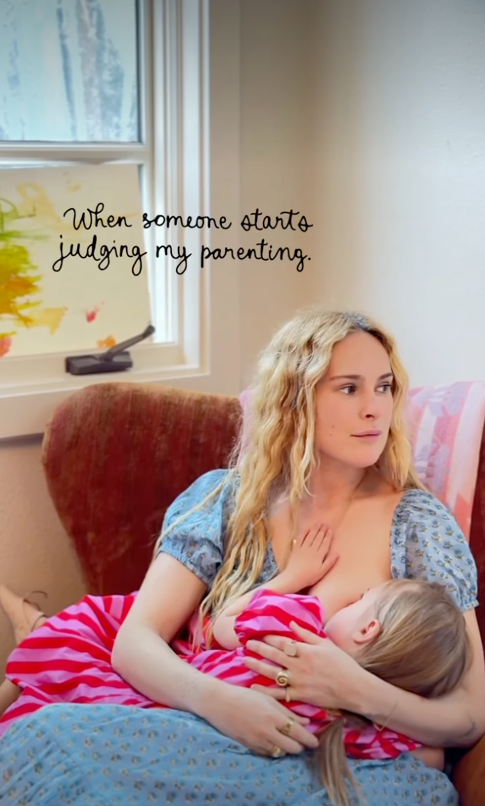 Rumer Willis breastfeeding her baby, with text overlay "When someone starts judging my parenting."