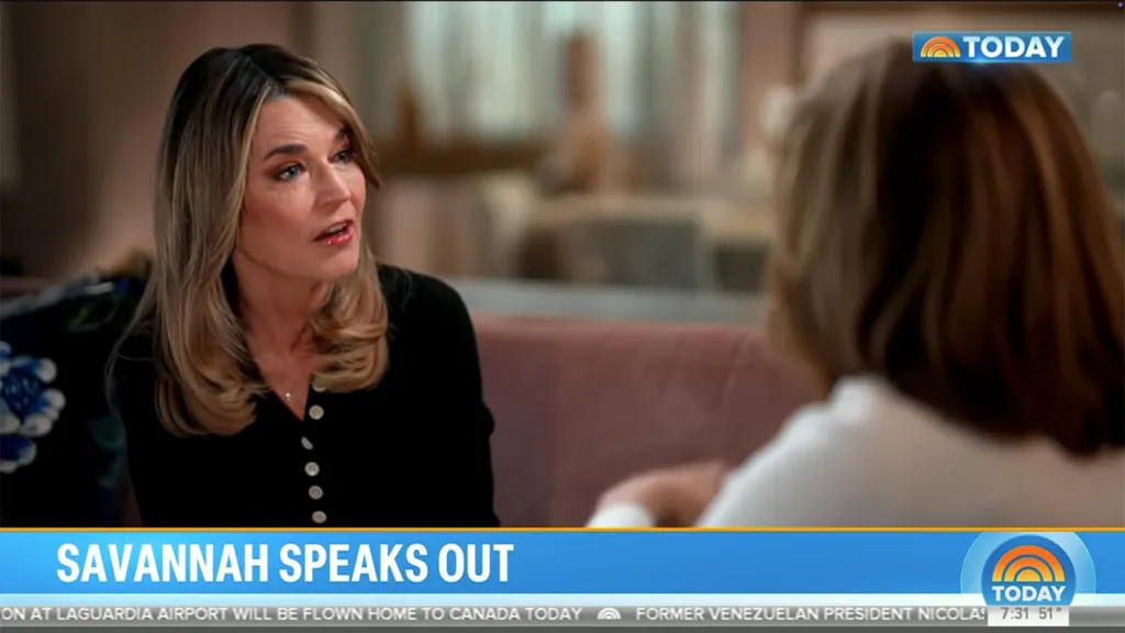 Savannah Guthrie speaking to an unseen person during a Today Show segment titled "Savannah Speaks Out."