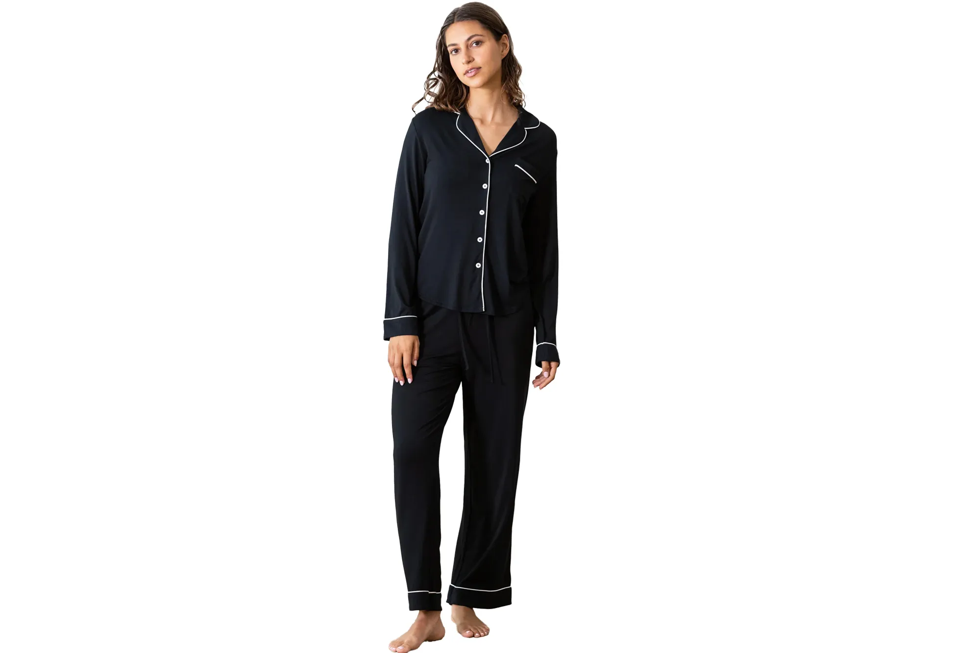 A model in black pajamas