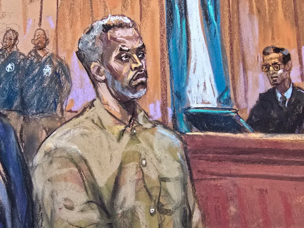 Illustration of Sean "Diddy" Combs standing as he is arraigned in a courtroom.