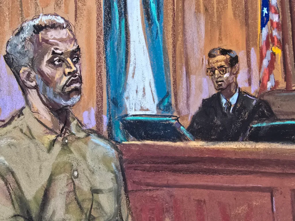Illustration of Sean "Diddy" Combs being arraigned in federal court.