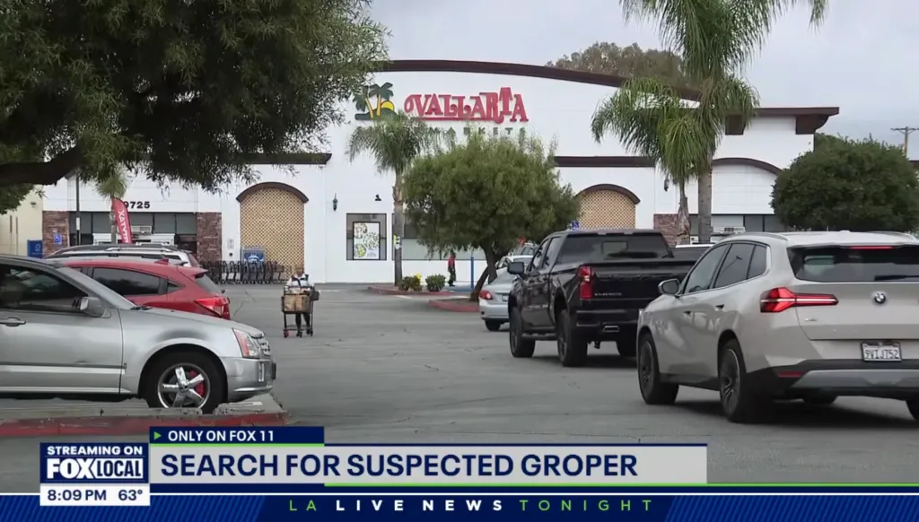 A grocery store exterior with cars in the parking lot and a news banner across the bottom reading "SEARCH FOR SUSPECTED GROPER."