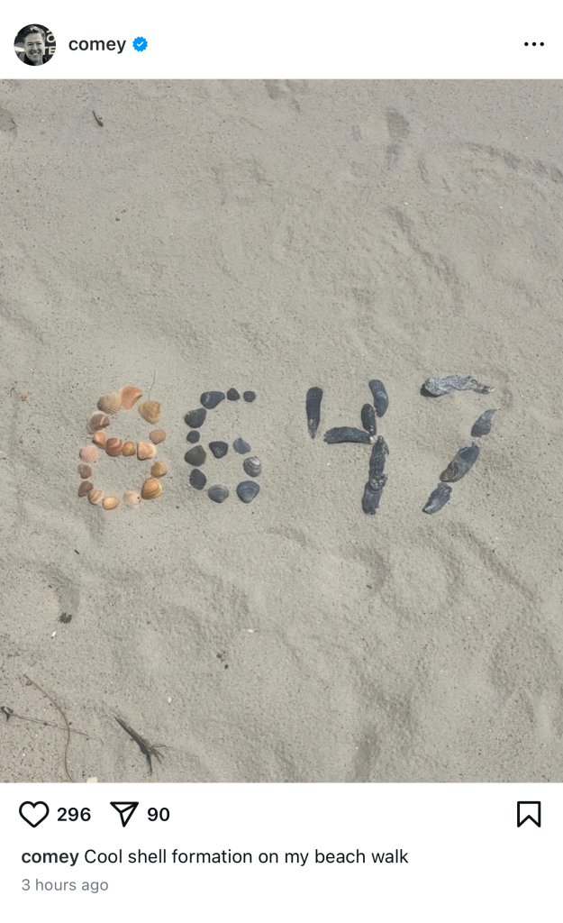 Instagram post showing the number "8647" spelled out in seashells on sand, from user "comey".