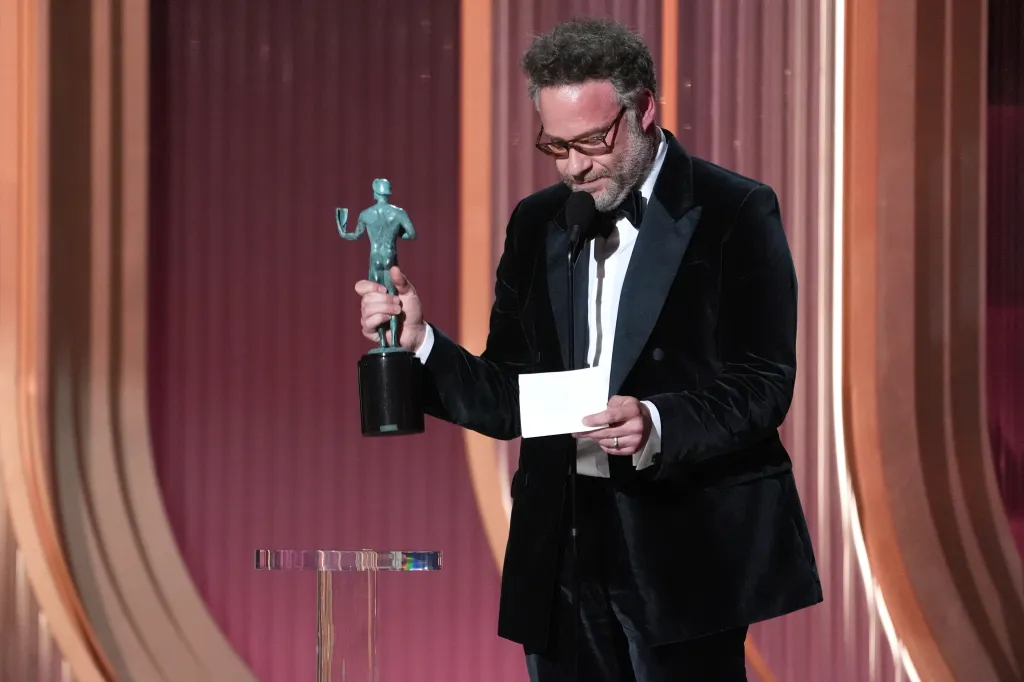 Seth Rogen accepts the award for outstanding performance by a female actor in a comedy series on behalf of Catherine O'Hara.